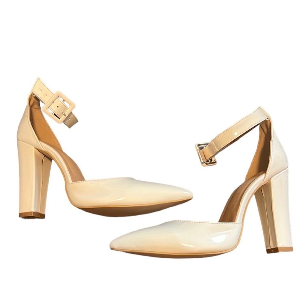 White Patent Buckle Strap Chunky Heels